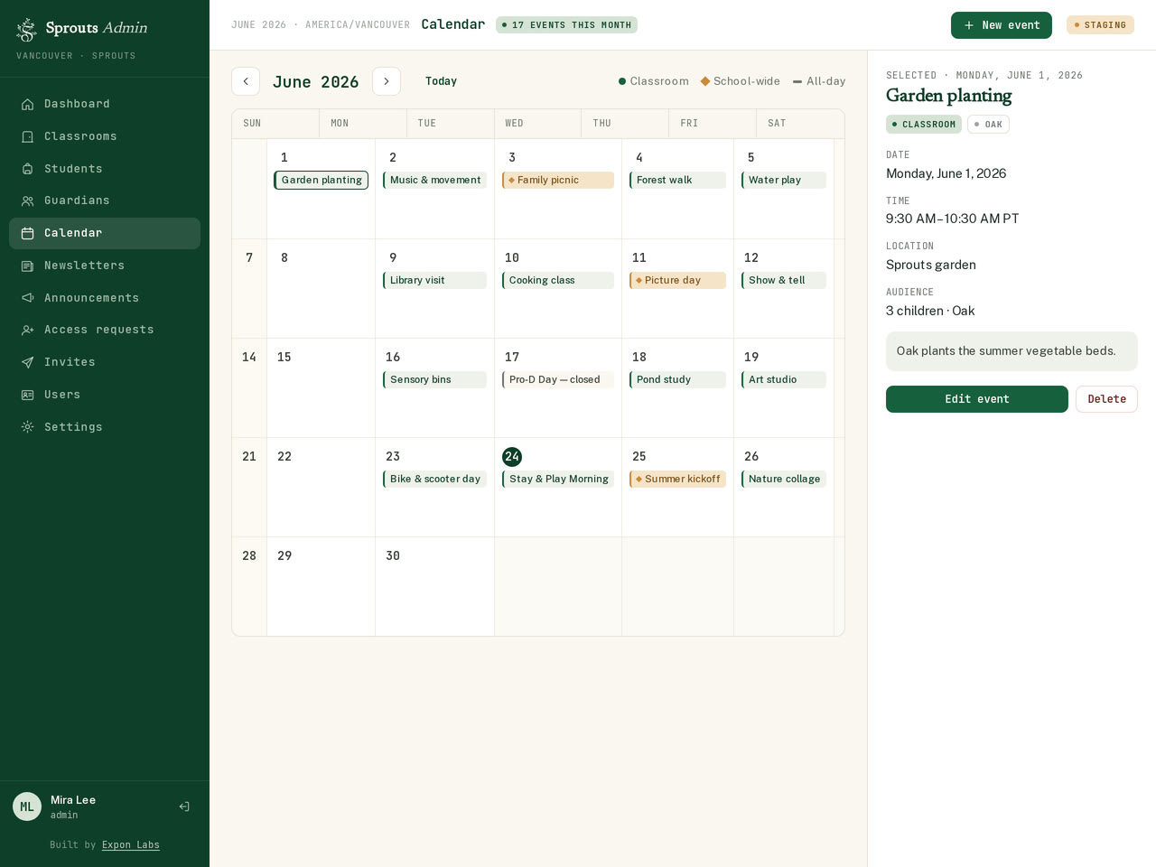 The Sprouts center calendar — a month of classroom and school-wide events