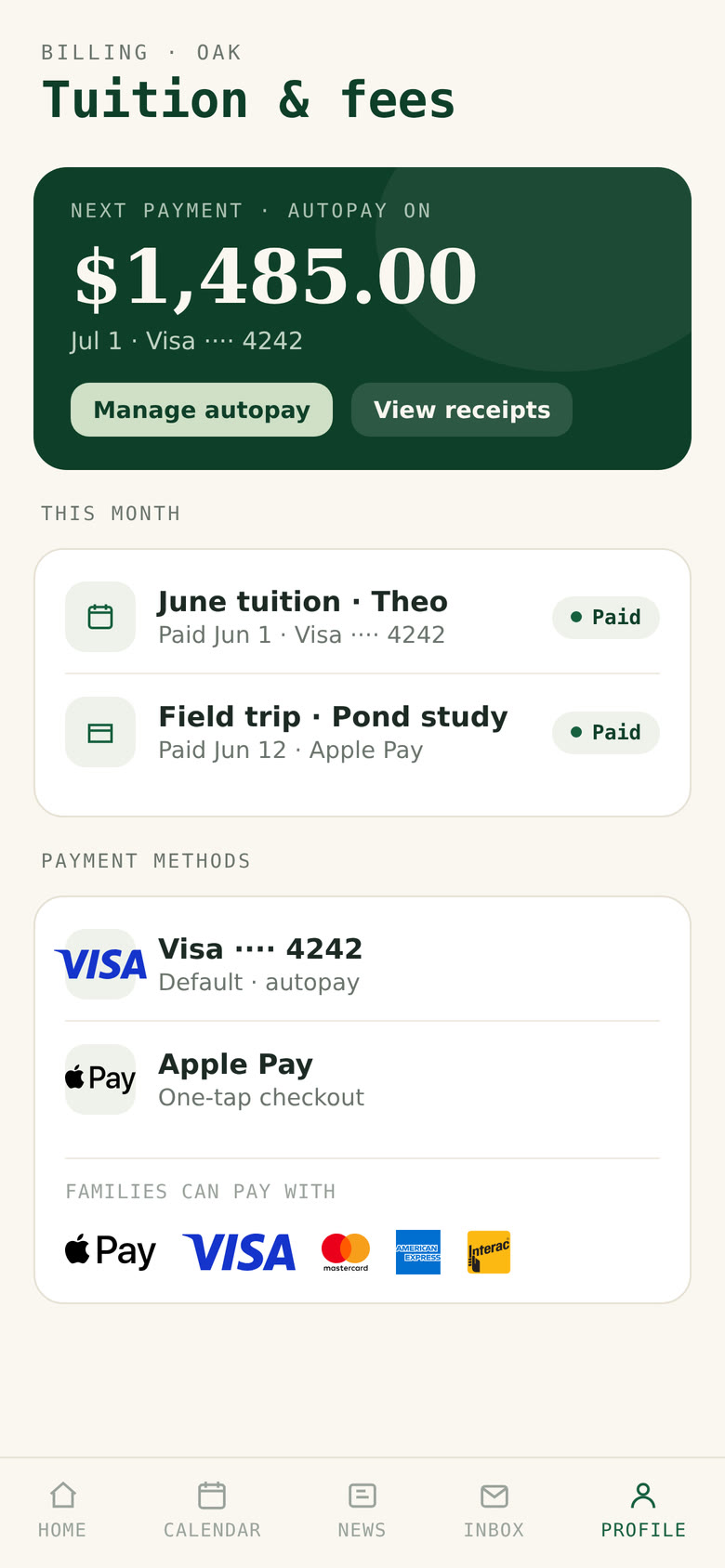 Tuition and payments on a phone — autopay, paid invoices and payment methods