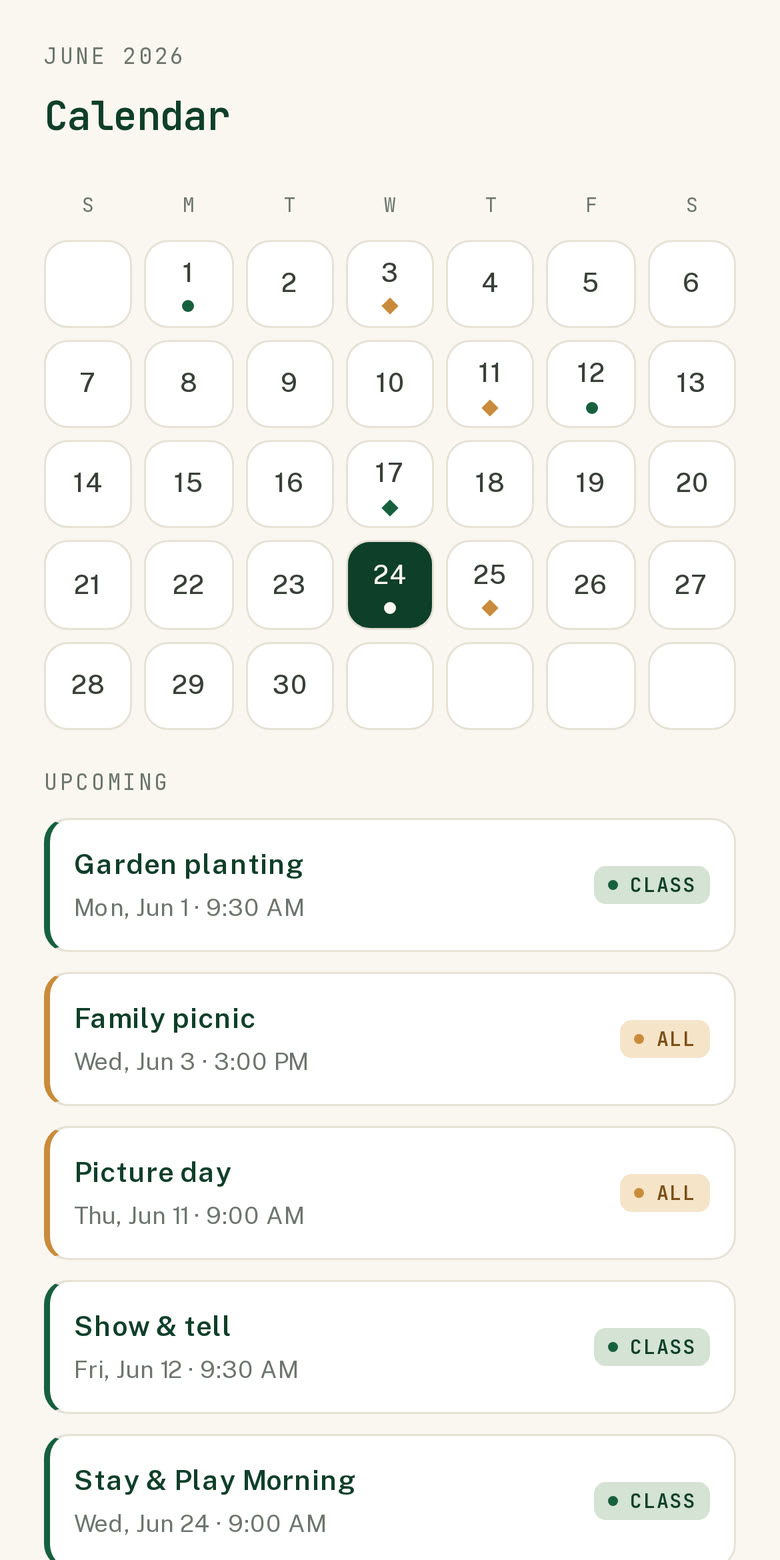 The shared calendar on a phone — the month plus upcoming events