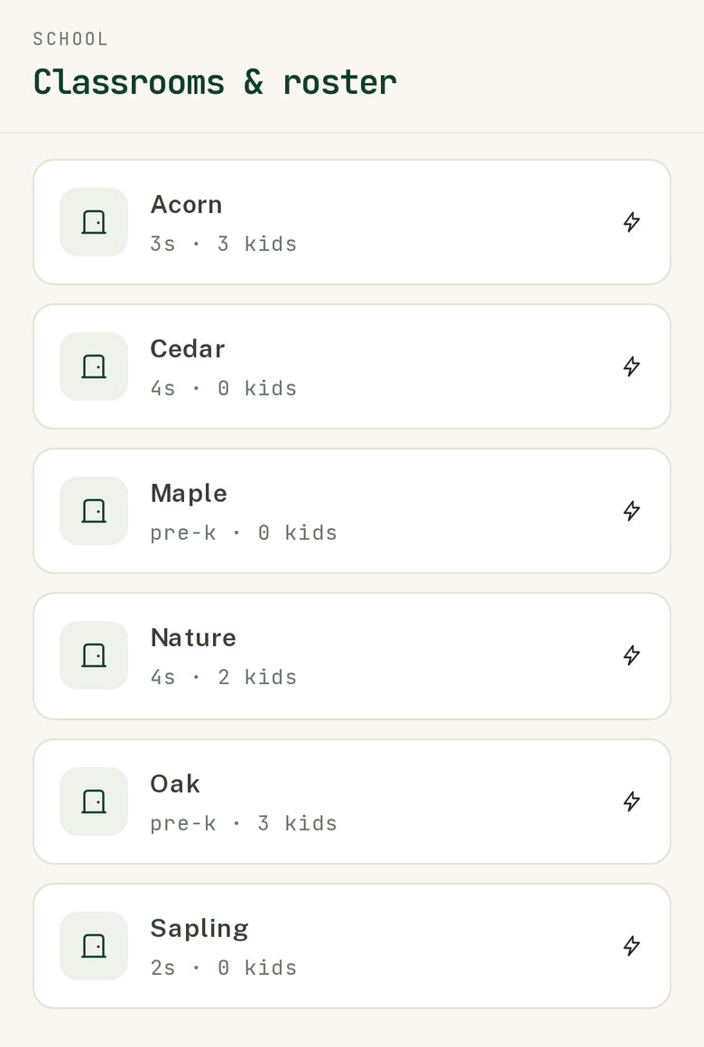 Classrooms and roster on a phone — every room with its enrollment