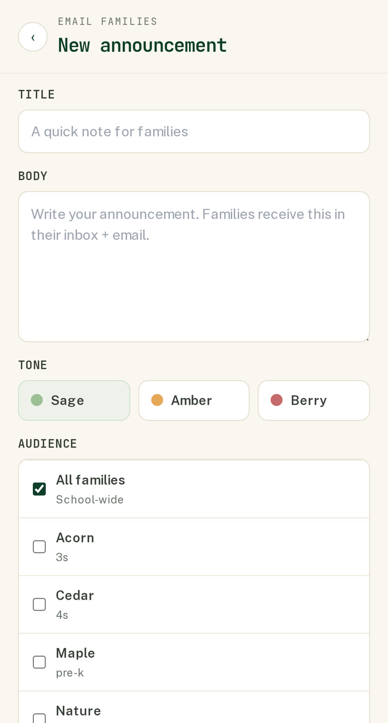 Composing an announcement on a phone — pick whole-school or a single class