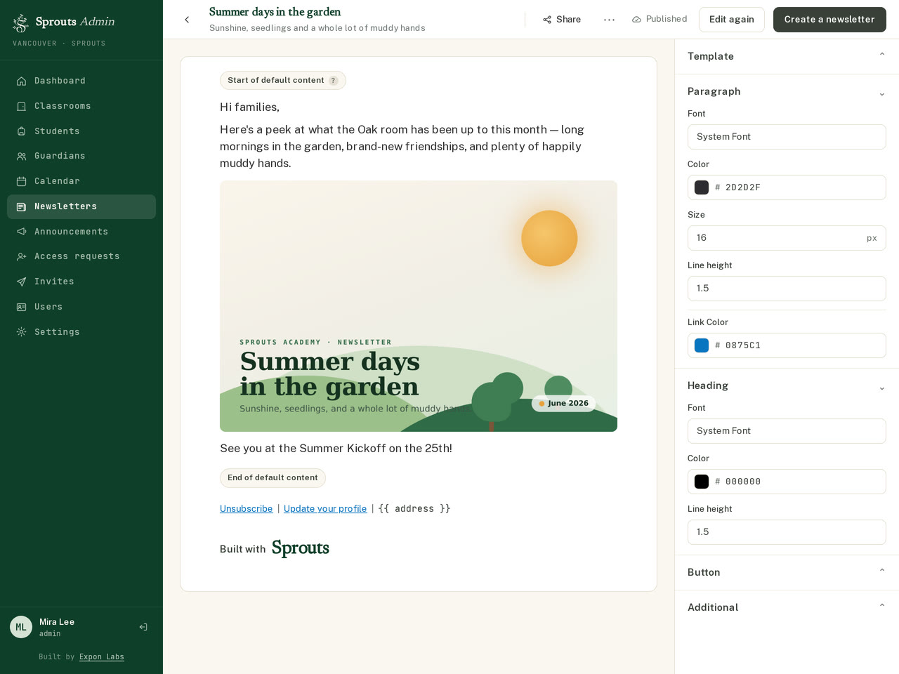 The Sprouts newsletter editor — composing a classroom newsletter with a photo and text