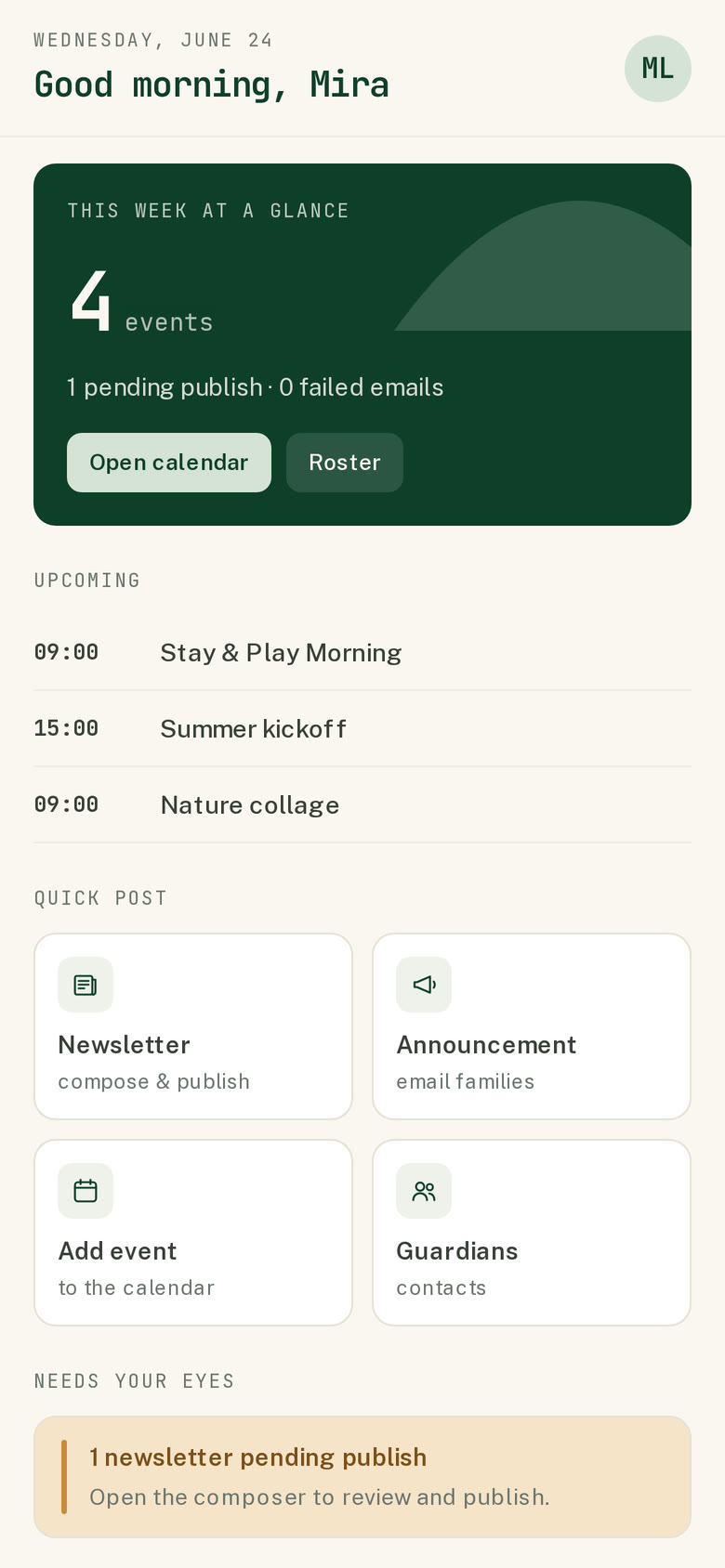 The Sprouts portal on a phone — this week at a glance, upcoming events and quick actions